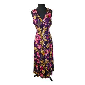 JBS Dress Womens 10 Floral Button Front Sleeveless Maxi Midi Rayon 90s Resort